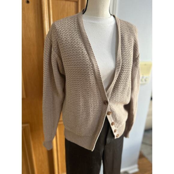 Vintage Taupe Knit Button-Up Cardigan Women’s Medium – Oversized Slouchy Sweater - Picture 2 of 9